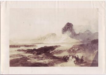 MORAN, THOMAS. Autograph Note Signed, on the verso of a photograph of his 1896 painting, The Cliffs of Green River, Wyoming: